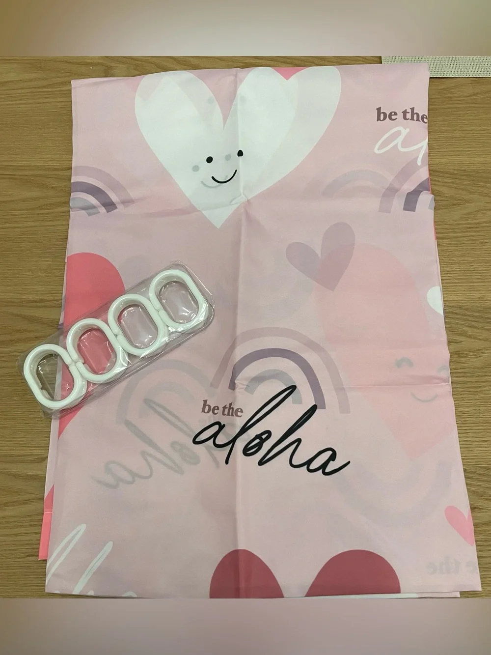 EDEN IN LOVE “Be the Aloha” Pink Heart & Rainbow Shower Curtain